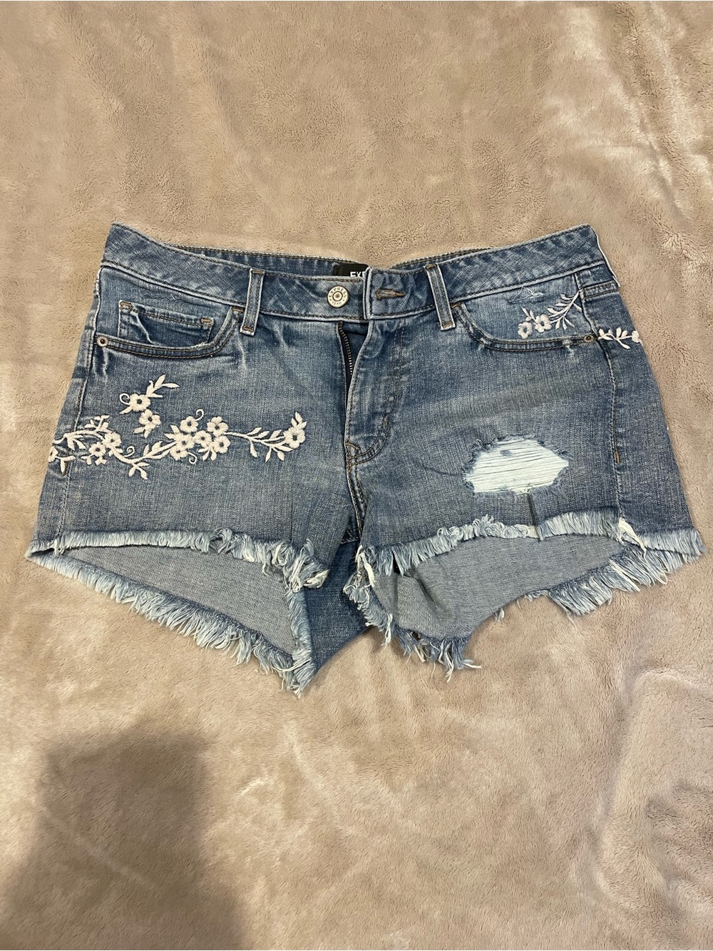 Express Blue Distressed Embroidered Denim Shorts